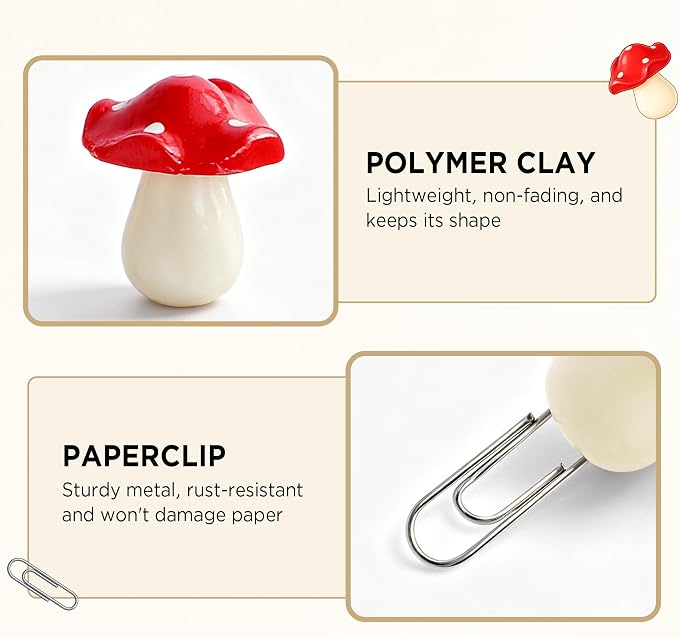 Handmade Bookmarks for Women, 3 Pcs Polymer Clay Cute Mushroom Bookmark for Book Lovers Students Teachers, Unique Reading Accessories Page Markers
