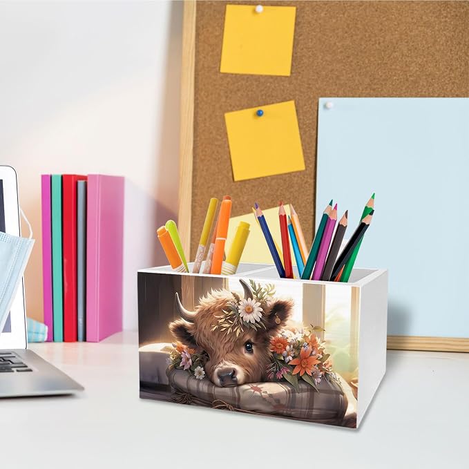 Rustic Floral Highland Cow Pen Holder for Desk, Gifts for Cows Lovers Pencil Organizer, Farmhouse Flower Highland Heifer Wooden Box Sign Desk Decor for Home Office Decoration,