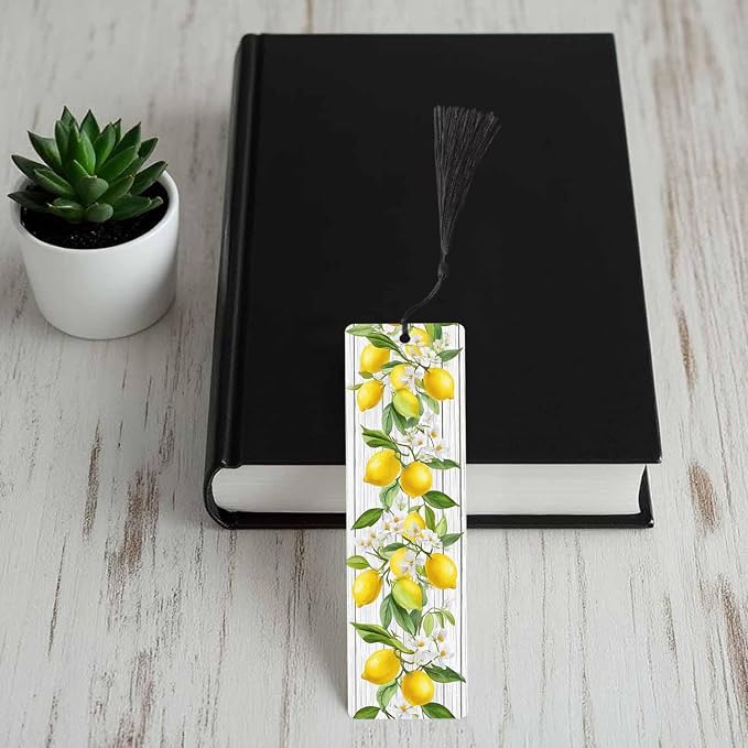 Lemon Bookmarks 5 Pcs Yellow Fruits Green Leaves Summer Wooden Bookmark with Tassels for Reading Book Lovers Gift Office School Readers Teacher