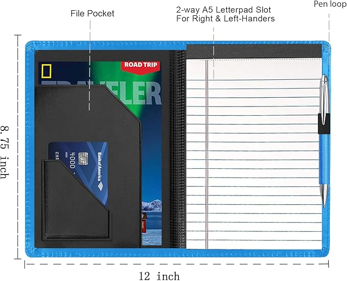 Junior Padfolio Folder - A5 Portfolio Binder Case with 5 x 8 Writing Pad and Interior Storage Pocket Executive Business Organizer for Men Women,Blue