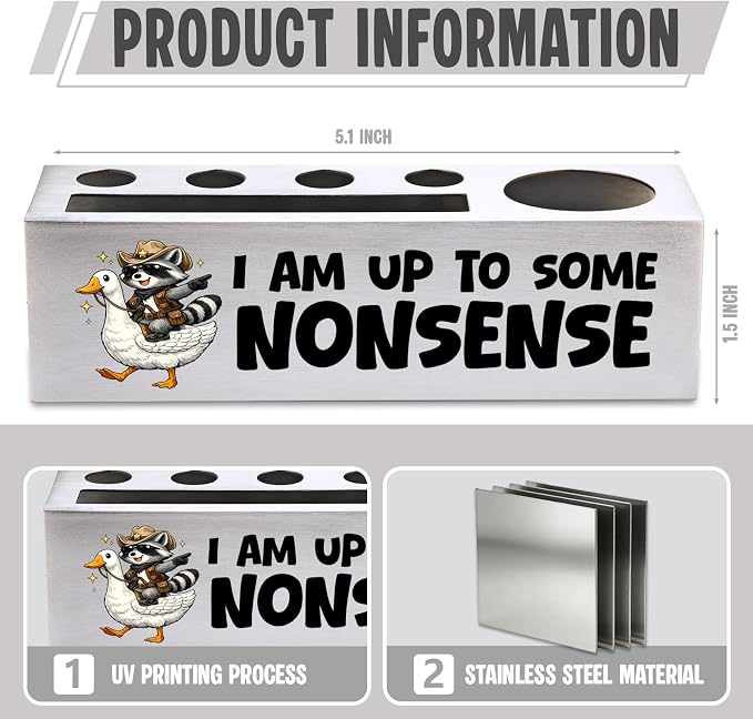 FOKCBOCM Funny Office Pen Holder with Raccoon Duck Design, Stainless Steel Desk Organizer Gift for Coworker, Playful Humor Workspace Decor, Cute Desk Accessory-DS117
