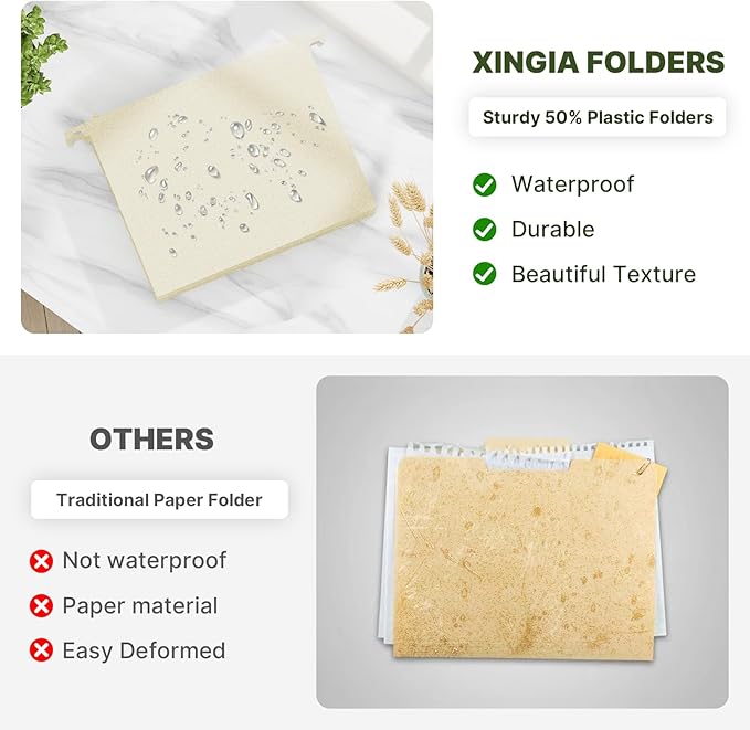 XINGIA Extra Capacity Letter Size File Folders Hanging with Tabs,3 Inch Expansion Plastic Hanging Folders for Filing Cabinet,6 Pack Wheat Straw Expandable File Folder Organizer for File Frame Box
