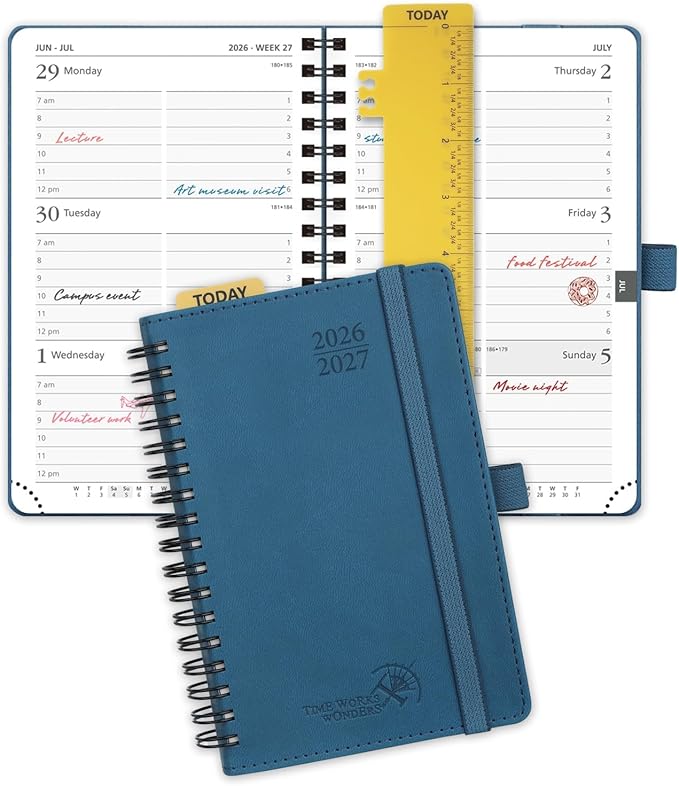 POPRUN Pocket Planner 2026-2027 (Purse Size 4'' x 6.25'') Academic Small Calendar (July 2026 - June 2027) with Hourly Time Slots, 100GSM Thick Papers, Spiral Leather Cover - Night Sky Blue