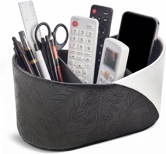 Two Leaves Shaped Leather Art Supply Organizer,Remote Control Holder,Multi-Functional Pencil Holder,3 Compartments Desktop Stationary Organizer(1-Black White)