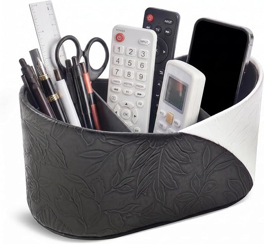 Two Leaves Shaped Leather Art Supply Organizer,Remote Control Holder,Multi-Functional Pencil Holder,3 Compartments Desktop Stationary Organizer(1-Black White)