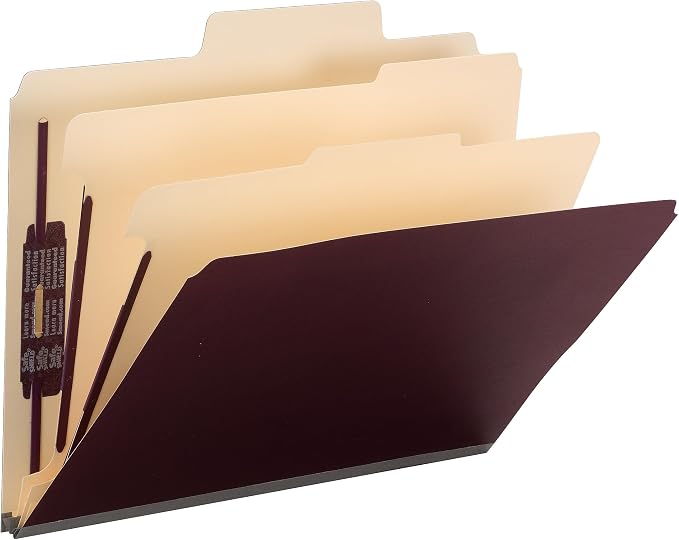 Smead SuperTab Classification Folder with SafeSHIELD Fasteners, Oversized Tab, 2 Dividers, 2" Expansion, Letter Size, Maroon, 10 per Box (14013)