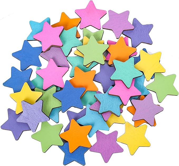 JarThenaAMCS 45Pcs Star Extra Tokens for Reward Jar Colorful Star Shape Wooden Cutouts with Linen Pocket 9 Colors Wooden Tokens for Back to School Student Teacher Classroom Supplies