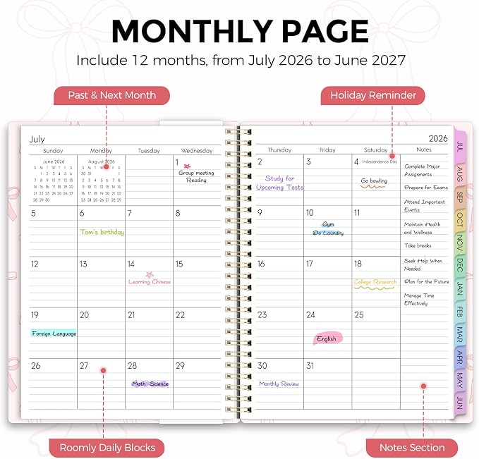 SKYDUE 2026-2027 Monthly and Weekly Academic Planner, July 2026-June 2027, 8.5"x11", Agenda Calendar with Colorful Tabs and Storage Pocket, Ideal for School Office Supplies