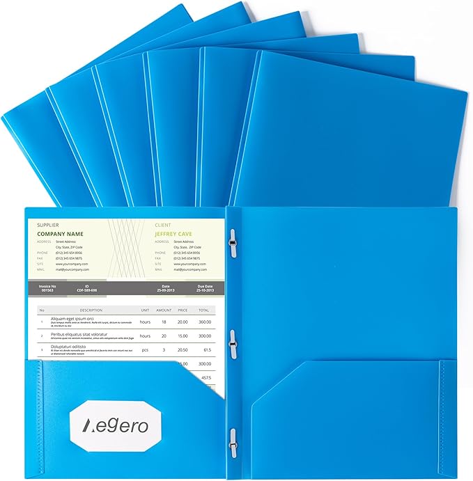Aegero Folders with Pockets and Prong with Fasteners (6 Pack,Blue),Durable Plastic Pocket Folders with Prongs,Tear Resistant,2 Pocket 3 Prong Folders for Schoolwork & Office,Letter Size