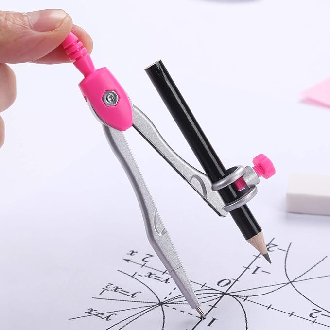 Vobou Math Geometry Kit Sets 10 Piece Student Supplies with Shatterproof Storage Box,Includes Rulers,Protractor,Compass,Eraser,Pencil Sharpener,Lead Refills,Pencil,for Drafting(Pink）