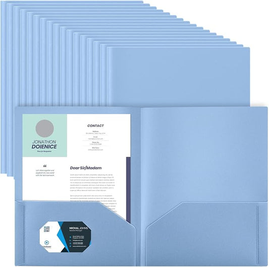 Gueevin 72 Pack Plastic Folder with Pockets, 2 Pocket Folders, Plastic Glossy Folders Fit Letter Size Paper, Heavy Duty Durable File Folder with Business Card for Home Office School (Haze Blue)