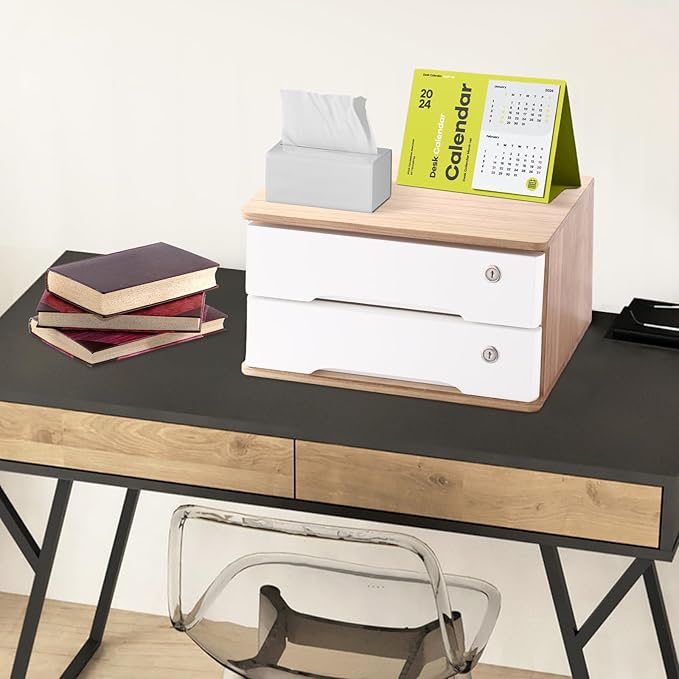 Lockable Desk Organizer Wooden Desktop Drawers Office Flat Files Storage Box Locking Countertop Storage Cabinet (Wood Color + White, 2-Tier)