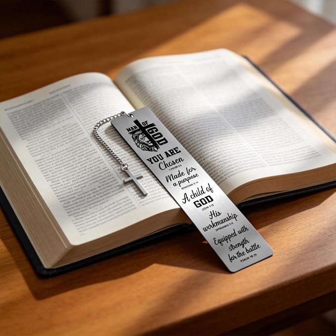 Bible Verse Metal Bookmark - Christian Man of God Lion Book Mark with Cross Pendant Religious Scripture Inspirational Page Marker Gift for Reading Men Birthday Church Baptism Accessories