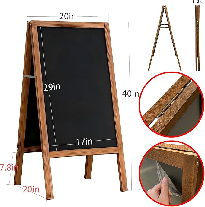 A-Frame Chalkboard Sign Large 40" x 20" Double-Sided Outdoor Foldable Blackboard Magnetic Wooden Sidewalk Signs Standing Board for Cafes & Events