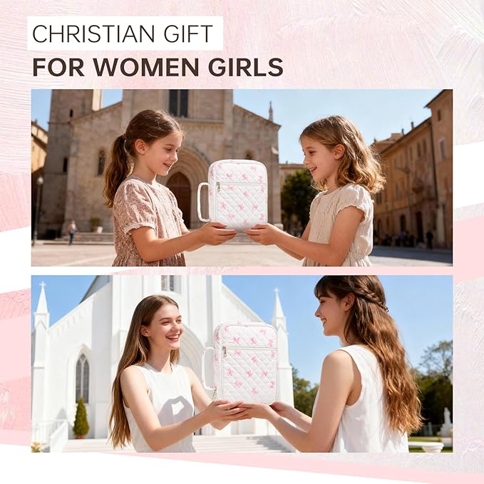 Bible Cover Case for Women Large Bible Cover Bag Quilted Bible Carrying Case for Girls Bible Study Supplies Accessories Christian Gifts for Women (New Pink Bow, Large)