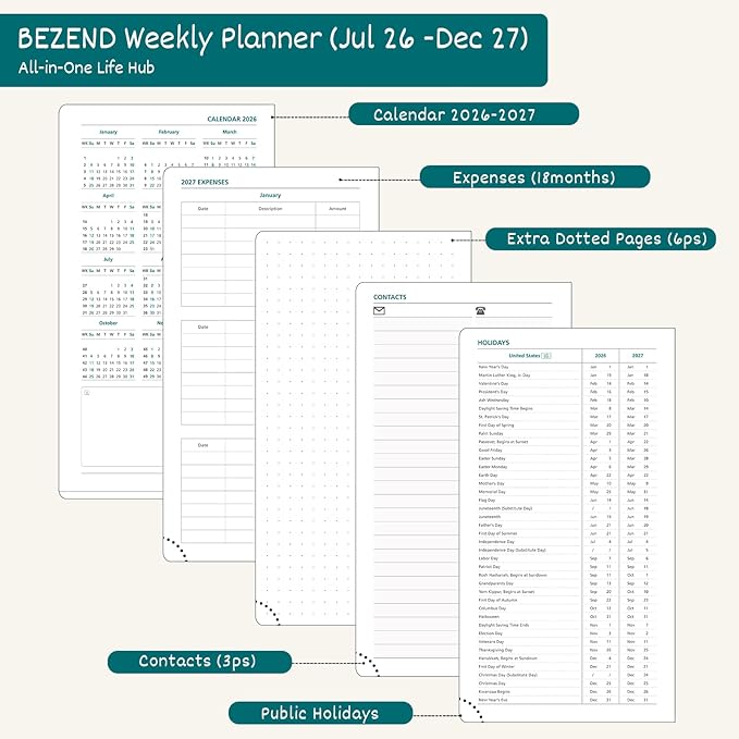 BEZEND Pocket Planner 2026-2027 Weekly and Monthly (3.75" x 6.75" Slim Size) 18-Month Academic Calendar Notebook (Jul 26-Dec 27), Ideal for Students & Professionals, PU Leather Hardcover -Olive