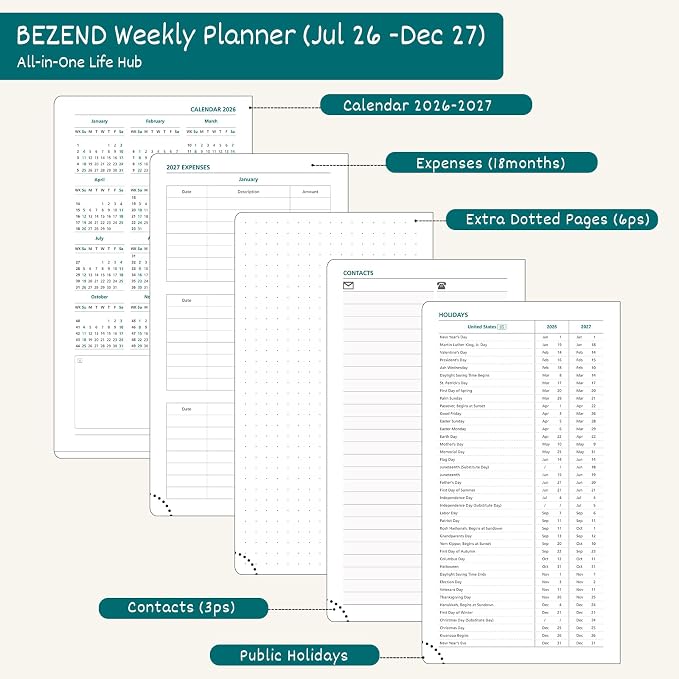 BEZEND Pocket Planner 2026-2027 Weekly and Monthly (3.75" x 6.75" Slim Size) 18-Month Academic Calendar Notebook (Jul 26-Dec 27), Ideal for Students & Professionals, PU Leather Hardcover -Olive