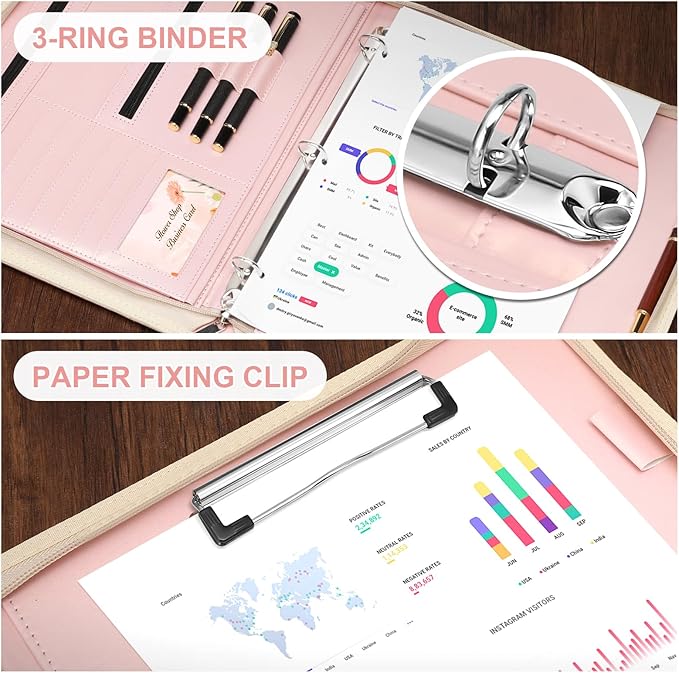 Padfolio Portfolio Organizer Binder with Zipper and Hidden Handle, PU Leather Portfolio Folder for Documents, Business Card Holder, Notepad Padfolio for Men&Women (Rose Gold)