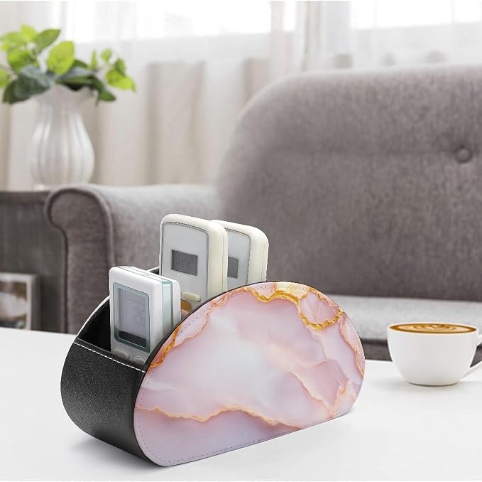Marble Surface with Pale Pink Veins Flowing Remote Control Holder with 5 Compartments Leather TV Remote Caddy Remote Storage Box Desktop Organizer for Pen/TV Remotes/Media Controllers/Office Supplies