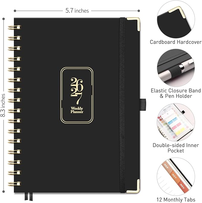 RETTACY Academic Planner 2026-2027, Weekly and Monthly, July 2026 - June 2027, Medium Size (5.7" x 8.3"), Calendar, Agenda, 12-Month Tabs, Hardcover, for Student, Teacher, School (Black)