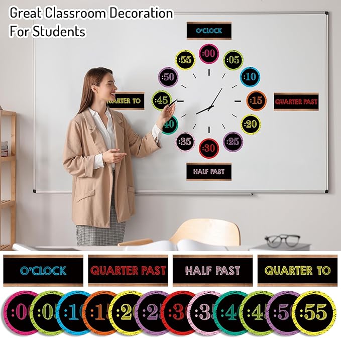 FYSUIMU 16 Pcs Telling Time Bulletin Board Decorations Back to School Colored Black Clock Numbers Labels Classroom Decor with Glue Points Teaching Clock for Kids First Day of School Teacher Supplies
