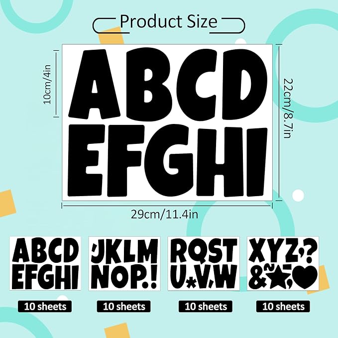 390 PCS Bulletin Board 40 Sheets Letters Large Letter Stickers Vinyl Waterproof Self-Adhesive Alphabet Sticker Letters for Poster Board Display Classroom School Mailbox Home Decor (4 Inch, Black)