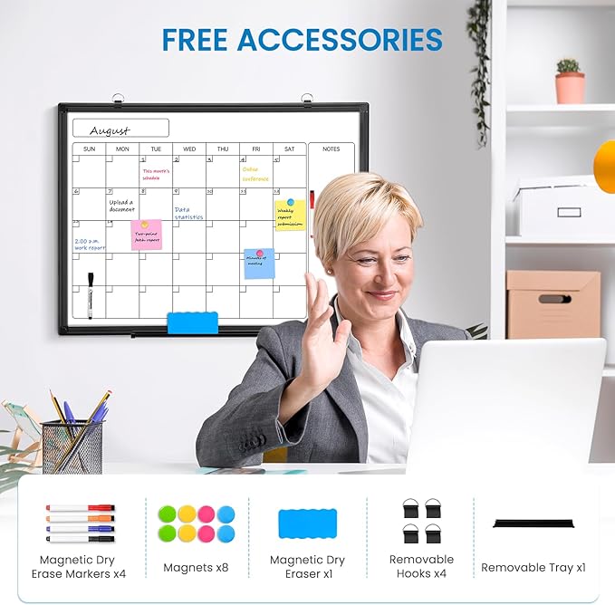 Monthly Calendar Dry Erase Whiteboard, 24" x 18" Magnetic Calendar White Board, Double-Sided Portable Board with Black Aluminium Frame for Office, Kitchen, School, Home