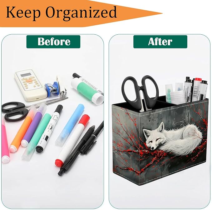 Pen Holder for Desk, PU Leather Multifunctional Desktop Storage Box and Anti-Slip Mouse Pad Set, Makeup Brush Holder Pen Organizer for Office and Home - Fox and Red Branch