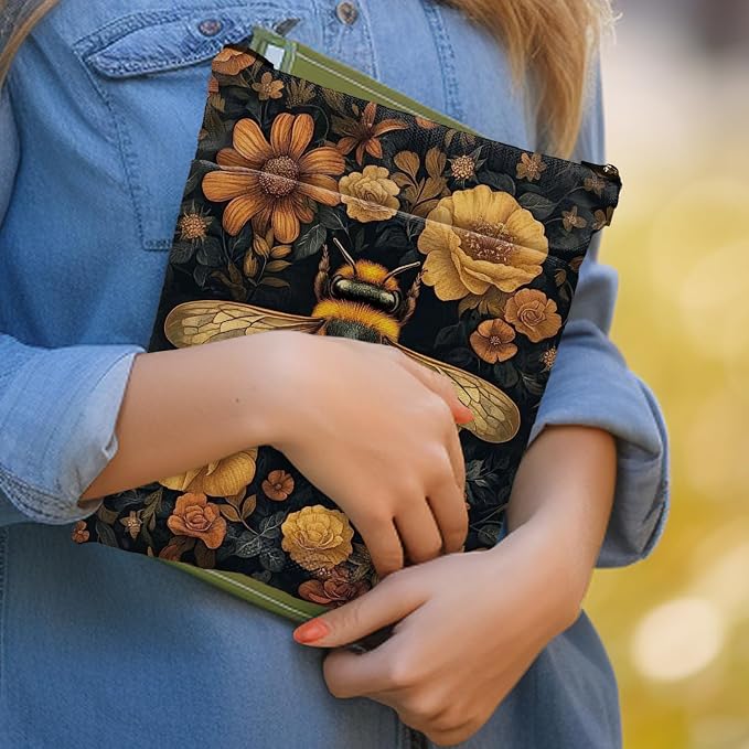 Vintage Flower Bee William Morris Book Sleeve for Book Lovers, Bookish Book Protector with Zipper, Washable Fabric Book Cover for Paperbacks & Hardcovers,11.4 x 9.1Inches (Black-Bees, Medium)
