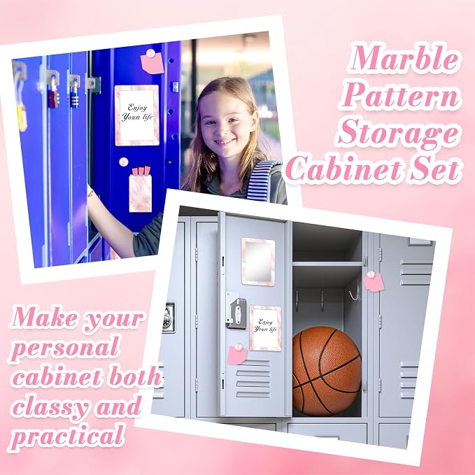 Denylo pro Magnetic Locker Marble Accessories Kit Pink Back to School Essentials Locker Organizer Supplies Include Mirror Whiteboard Pen with Holder Magnet Magnetic Buckle Back to School Essentials