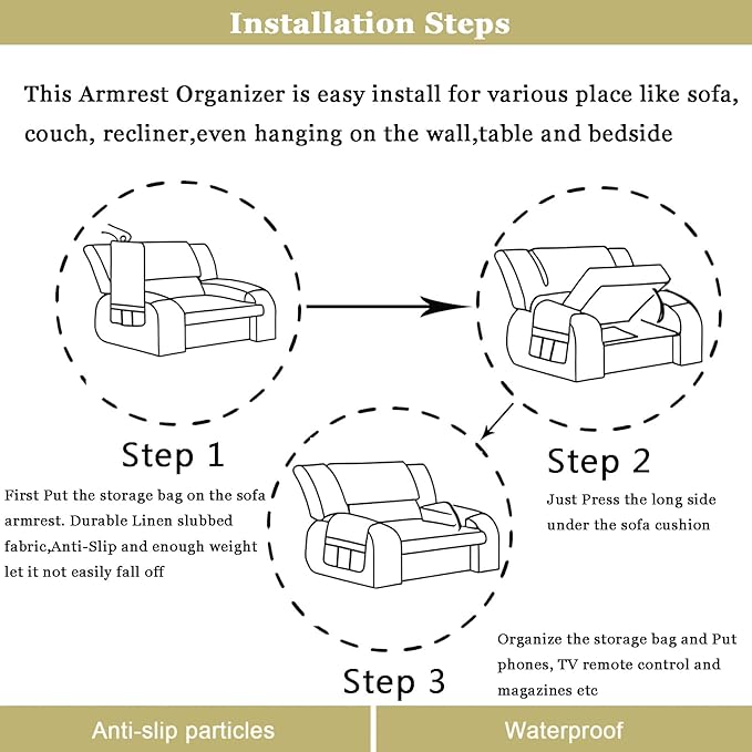 Armrest Organizer Non Slip Remote Control Holder Arm Chair Couch Caddy For Recliner Sofa Bedside With 5 Pocket Storage for Tablet Phone iPad (Coffee, W13" x L33")