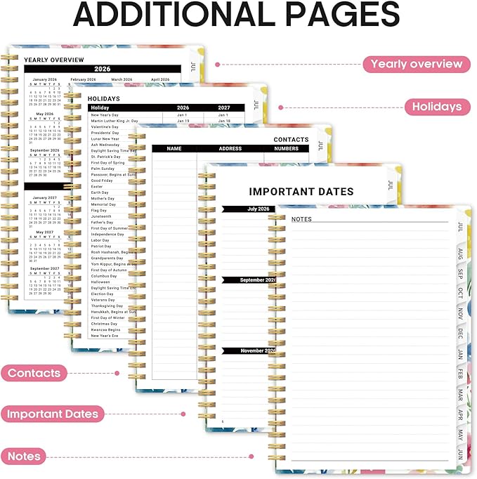 Planner 2026-2027, Academic Year Monthly and Weekly Calendar Planner, Jul 2026 - Jun 2027, Hardcover Teacher Student Planning Agenda book with Tabs, Perfect for School Office Supplies, 6.3" x 8.5" - Bloom Floral
