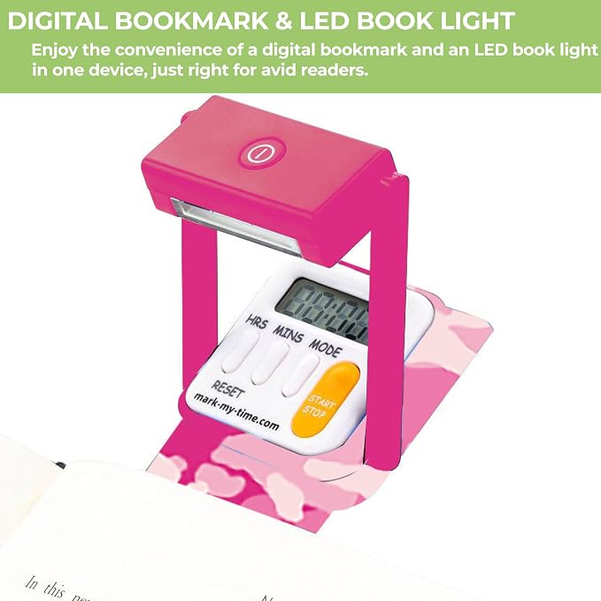 Mark-My-Time Digital Bookmark and LED Book Light - Timer and Bookmark for Kids with LED Book Light, Cool Bookmarks and Reading Incentives, Christmas Gift & Stocking Stuffer - Pink Camo