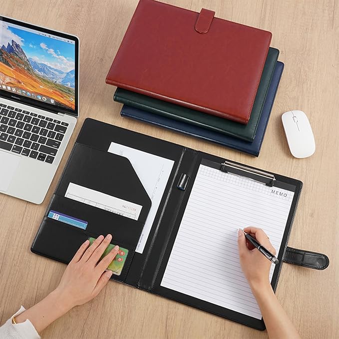 Faux Leather Portfolio with Clipboard – A4/Letter Size Legal Pad Holder, Resume Organizer and Writing Folder, Professional Business Conference Office Padfolio(Black)