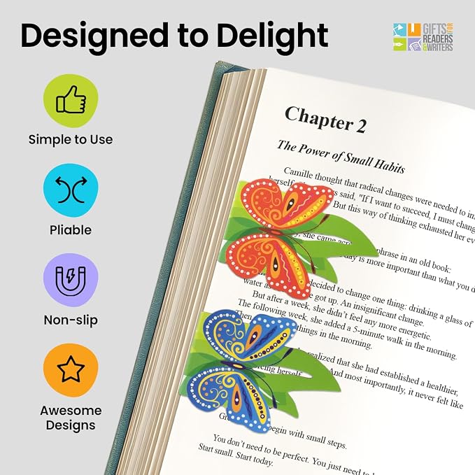 Gifts for Readers & Writers Linemarker Bookmark, 2 Pack Magnetic Bookmark, Includes Line Finder Slit for Easy Line Tracking, Small & Cute Stationery, Book Page Holder, Reading Accessories, Butterflies
