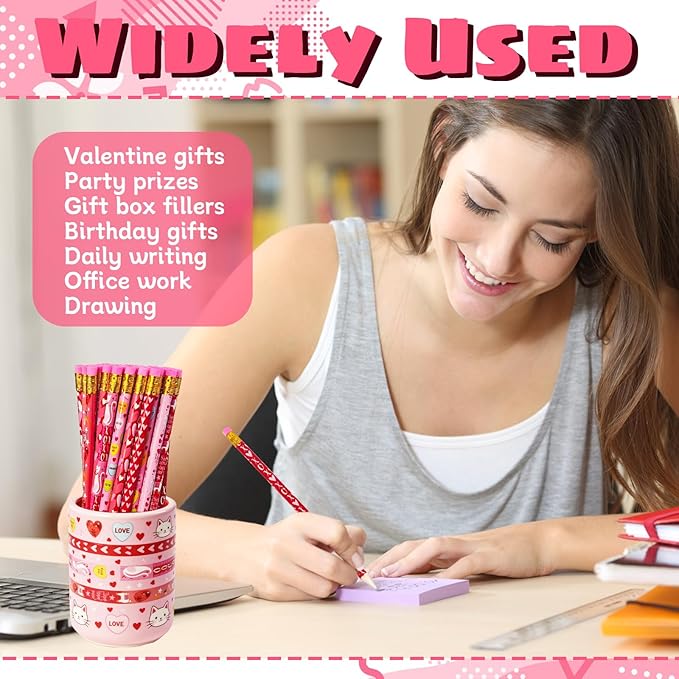 Bvrbaory 72 Pcs Valentine's Day Pencils,Bulk Wood Pencils,Pink Valentine Pencil with Erasers for Goodie Bags Fillers,Party Favors,School Classroom Rewards(12 Styles)