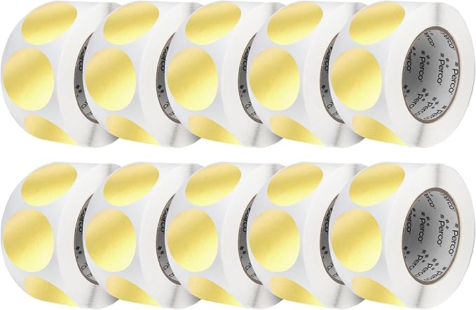 Perco Metallic Gold 3-Inch Perforated Circle Dot Sticker Labels—10 Rolls, 5,000 Round Stickers — with Permanent Adhesive for Award Seals, Event Marking, Packaging Accents, Gift Wrapping—Made in USA