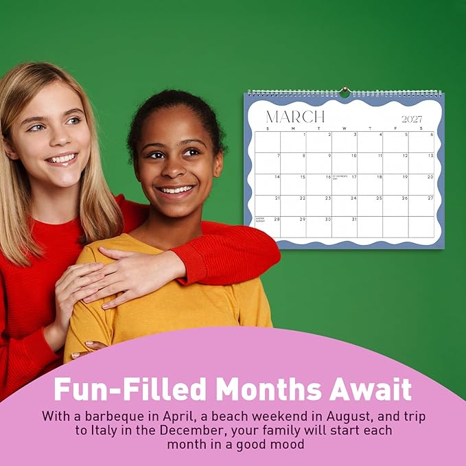 S&O Modern Wavy Wall Calendar from January 2026-June 2027 - Tear-Off Monthly Calendar - 18 Month Academic Wall Planner - Hanging Organizer to Track Anniversaries & Appointments - 13.5"x10.5”in