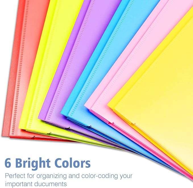 Heavy Duty Plastic Folders with Clear Front Pocket and 3 Prongs - Assorted Colors, Letter Size, 18 Pack