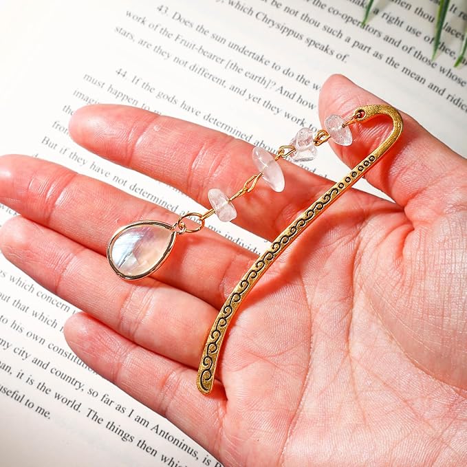 Vintage Metal Bookmark Pendant with Opal Drop Shell&White Quartz Crystal Stones Bead Chain–Elegant Opal Bookmarks for Women,Men,Book Lovers,Teachers and Girls(Gold)