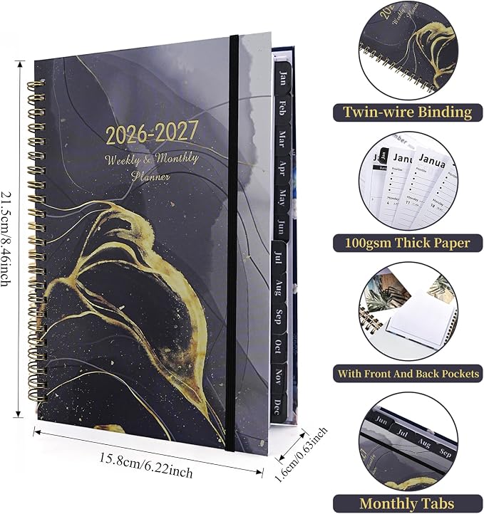 2026-2027 Planner, 12 Months Monthly & Weekly Daily Planner July 2026 - June 2027, 8.5" x 6.2" Hardcover Agenda Organizer with Tabs, Spiral Bound Calendar Notebook for School Work Home, Floral Design (Black & Gilded)