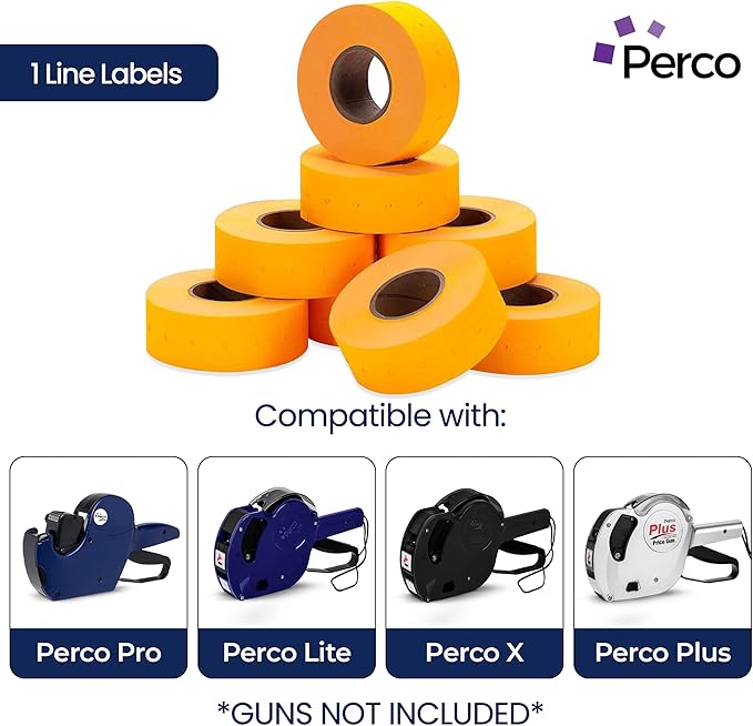 Perco 1 Line Fluorescent Orange Labels - 80 Rolls, 10 Sleeves, 80,000 Blank Price and Date Gun Labels for Perco Lite, X, Plus and Pro 1 Line Price and Date Guns - Made in USA