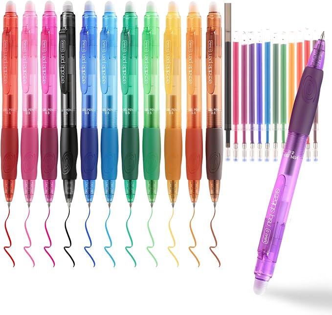 EUSOAR Erasable Pens Multicolor, 12-Pack Retractable Dry Erase Gel Pens + 12 Refills (Full Color Set), Colored Erasable Pen Fine Point (0.5mm) for Writing Note Taking Color-coding Supplies