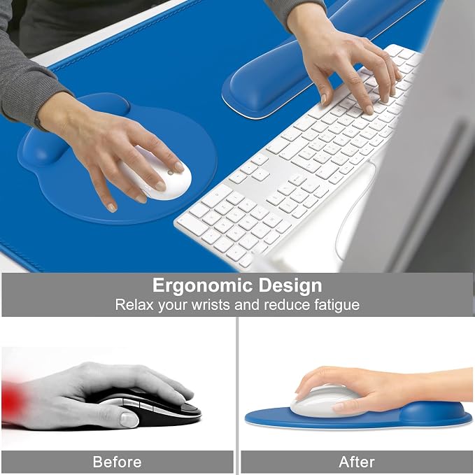 Dapesuom Large Gaming Mouse Pad, Mouse Pads with Wrist Rest Wrist Support, 4in1 XXL Desk Mat Desk Pad + Ergonomic Mousepad + Memory Foam Keyboard Mat Wrist Rest + Coaster Set for Computer, Dark Blue