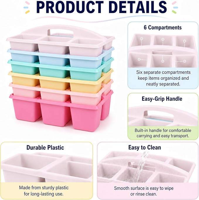 6 Pack Assorted Colors 6 Compartment Classroom Caddy with Handle Portable Plastic Storage Classroom Caddies Organizer for Classrooms Supply Teacher Office Table Desk(Pink Purple)