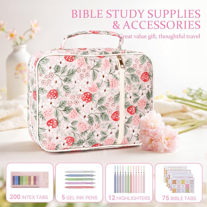 Bible Cover Case for Women Large Quilted Bible Carrying Bag with Handles Bible Study Supplies & Accessories Christian Gifts for Women(Strawberry Garden, M)