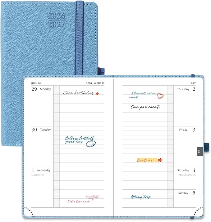 POPRUN 2026-2027 Pocket Weekly Planner Calendar, Size 4'' x 6.25'', Academic Planner (Jul 2026 - Jun 2027) Horizontal Layout with Lined Sections, Leather Hardcover, 100GSM Paper - Aquamarine