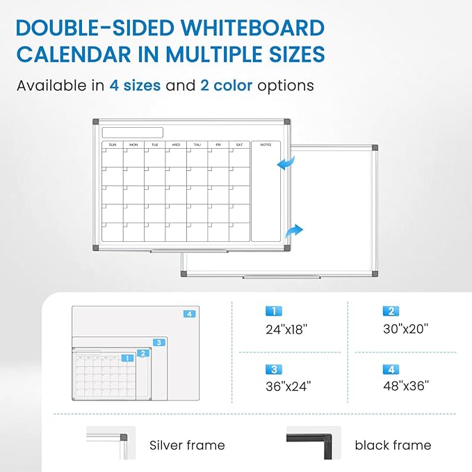 Monthly Calendar Dry Erase Whiteboard for Wall, 30" x 20" Double-Sided Large Calendar White Board, Magnetic Portable Hanging Board for Office, Home, School