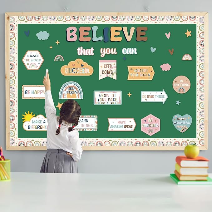 Boho Affirmation Station Bulletin Board Classroom Decorations Set Motivational Rainbow Believe That You Can Paper Cutouts for Welcome Back to School Positive Inspirational Wall Door Chalkboard Decor