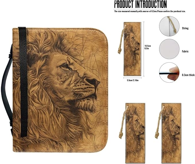 Lotusorchid Lion Print Church Bible Bag for Men, PU Leather Protective Bible Tote Bag Bible Cover Bags with 2 Bookmark, Bible Book Covers for Bible Carrying Organizer Bag, Brown, Size 2XL
